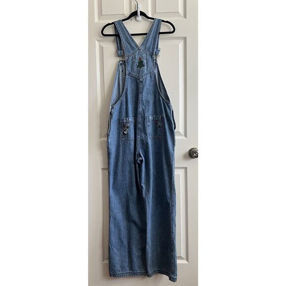 CHRISTOPHER & BANKS Vintage Christmas Appliqué Wide Leg Denim Jean Overalls Sz L - Picture 6 of 16